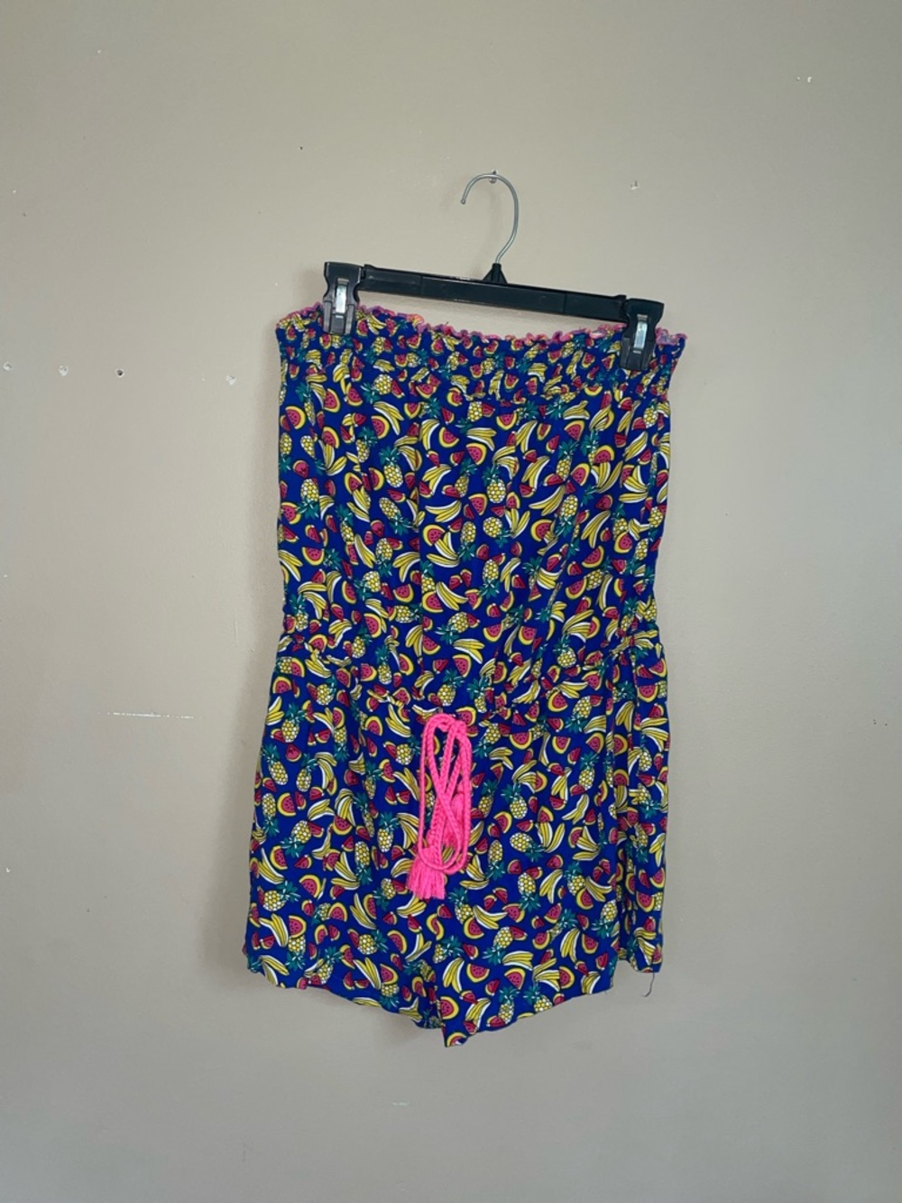 Bongo “Watermelon, pineapple, banana” drawstring strapless shortall romper Sz L